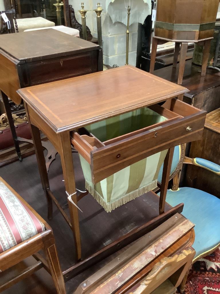 An Edwardian satinwood banded mahogany work table, width 51cm, depth 36cm, height 67cm